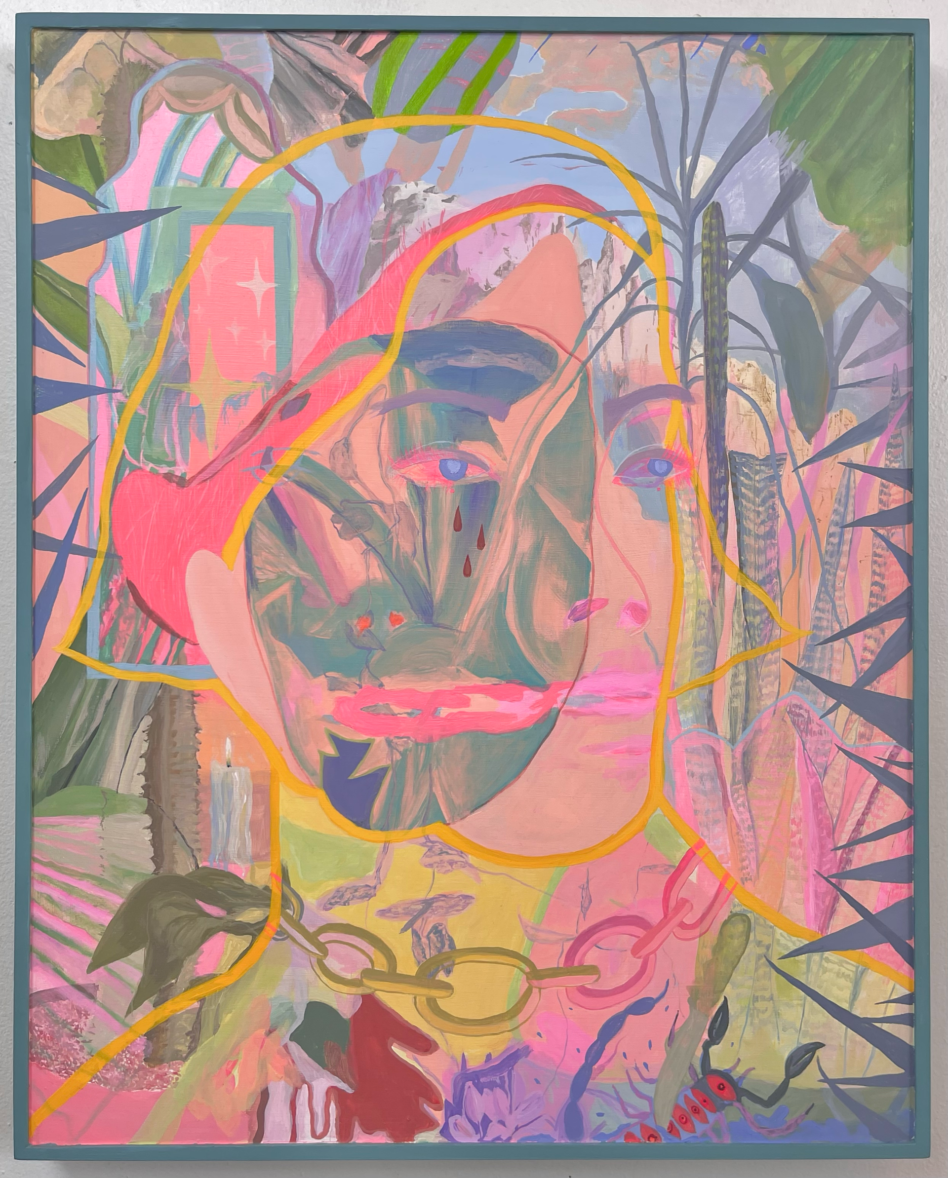 Abstract portrait  by Emily Wise with face outlined in yellow. Pink and blue hues, surrounded by foliage.