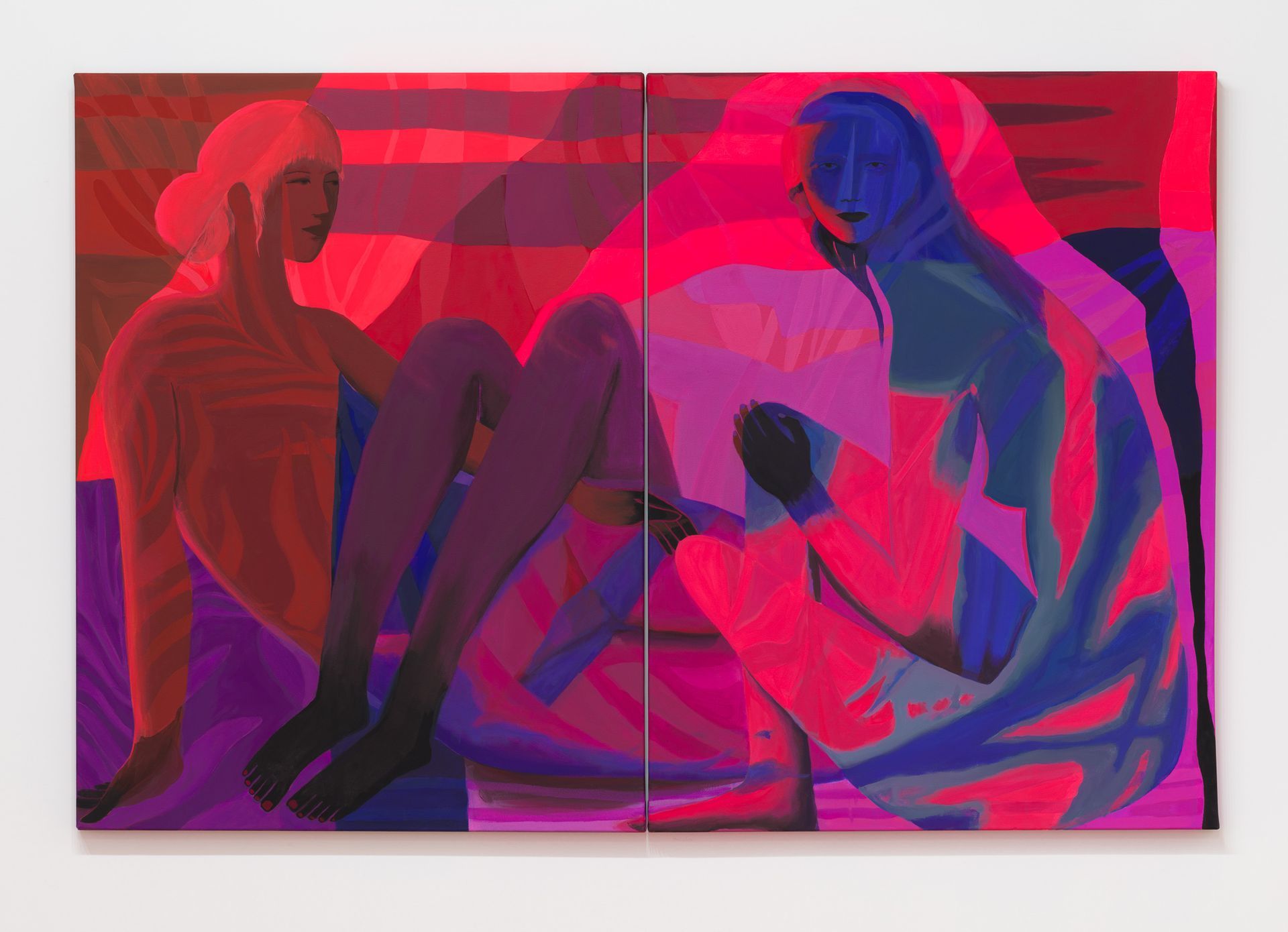 Diptych by Emily Wise: Two figures in vivid red, pink, and blue hues. One seated, other touching hand.