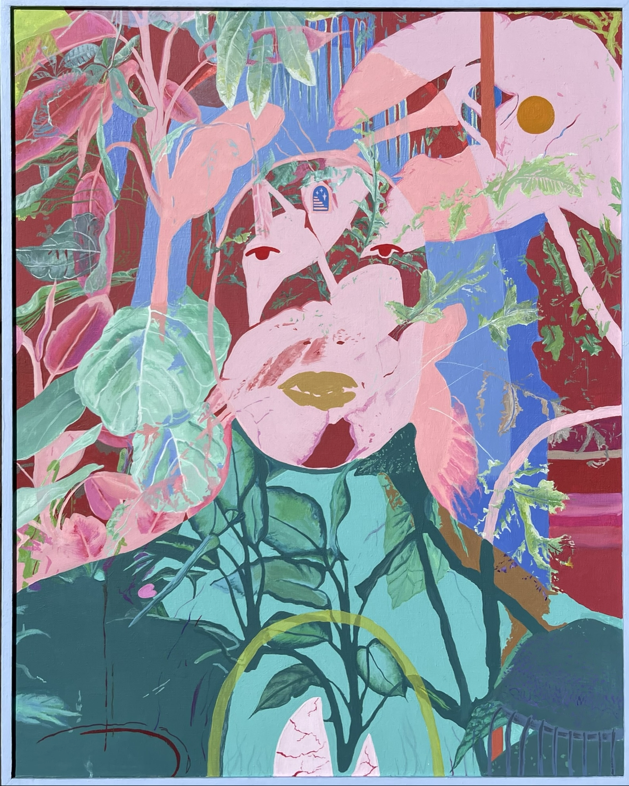 Abstract painting by Emily Wise of a person in a colorful jungle, with pink and green foliage surrounding the face.
