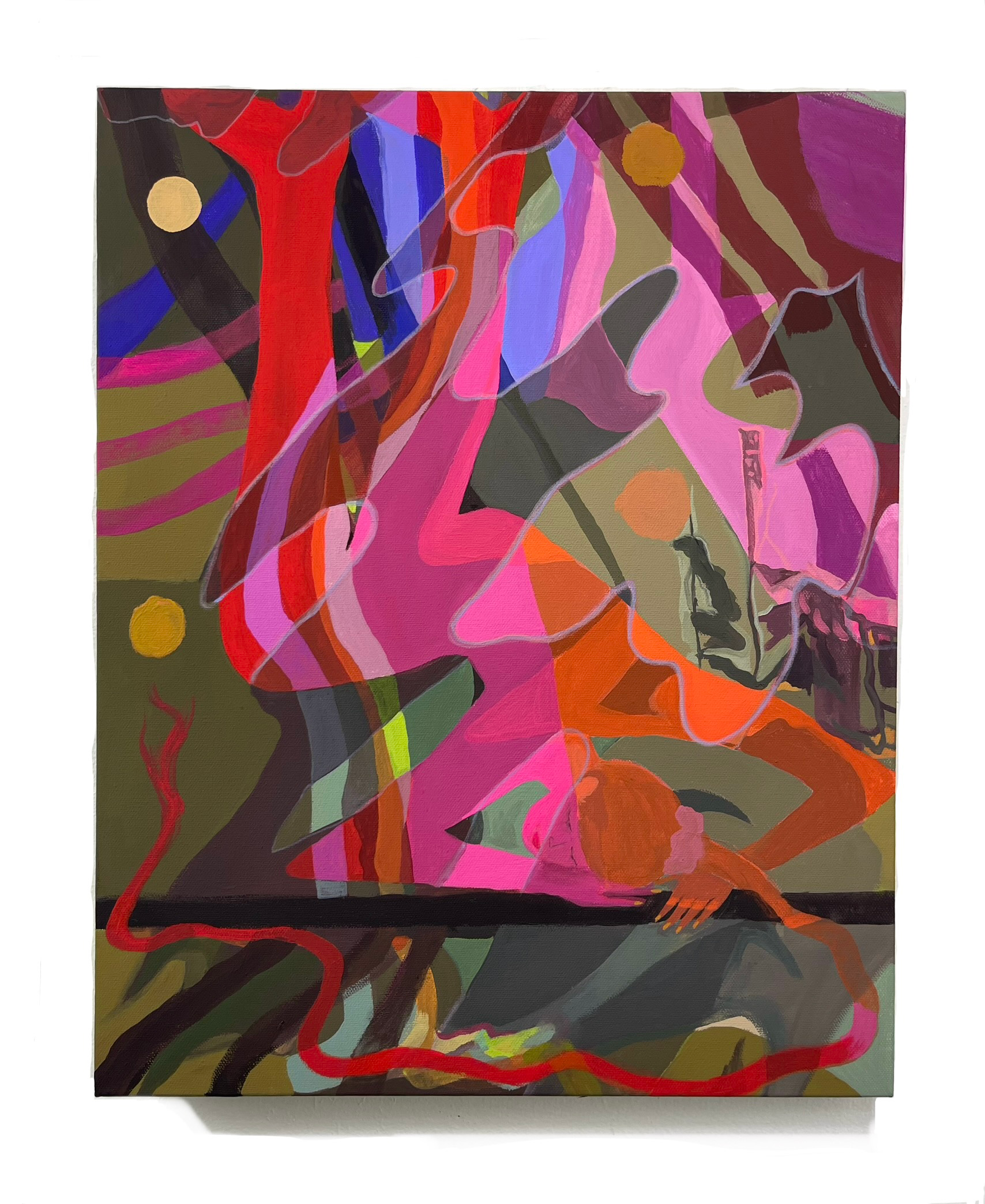 Colorful, abstract textile art with figures, shapes in pinks, reds, blues. A red line on bottom, by Emily Wise. 