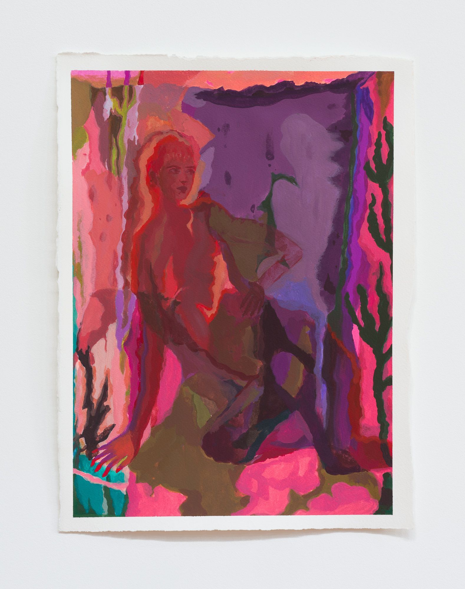 Nude figure in red tones interacting with a purple form. Pink and green foliage surrounds them; by Emily Wise.