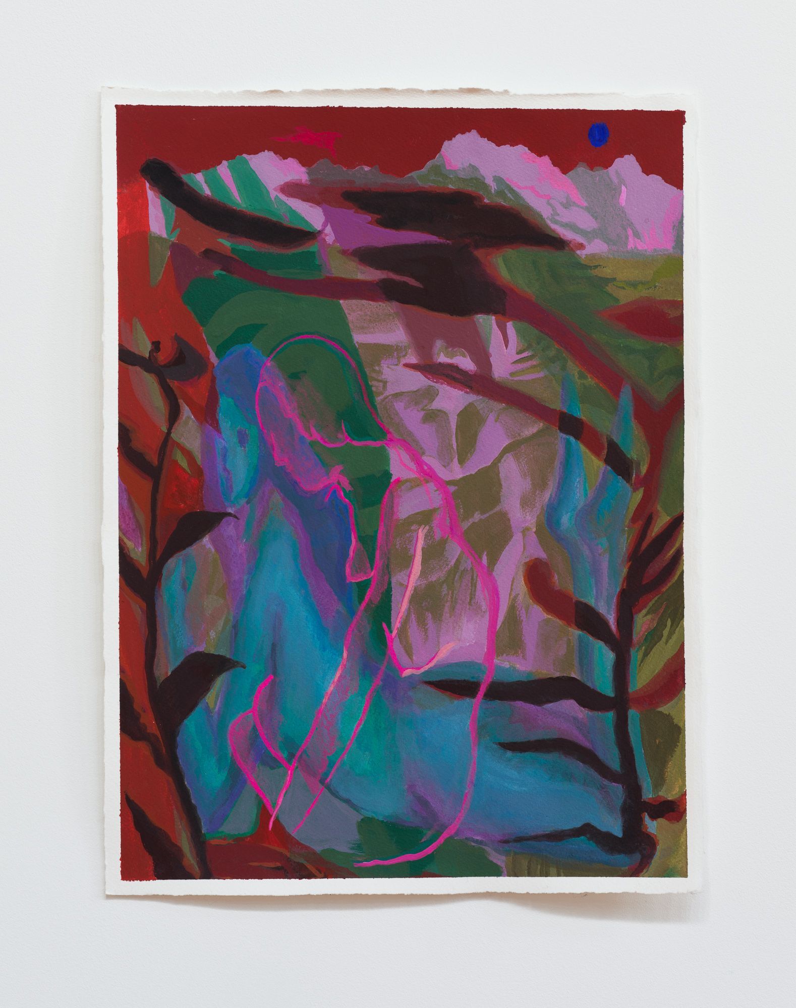 Abstract painting by Emily Wise of layered leaves in vibrant blues, purples, pinks, and reds.