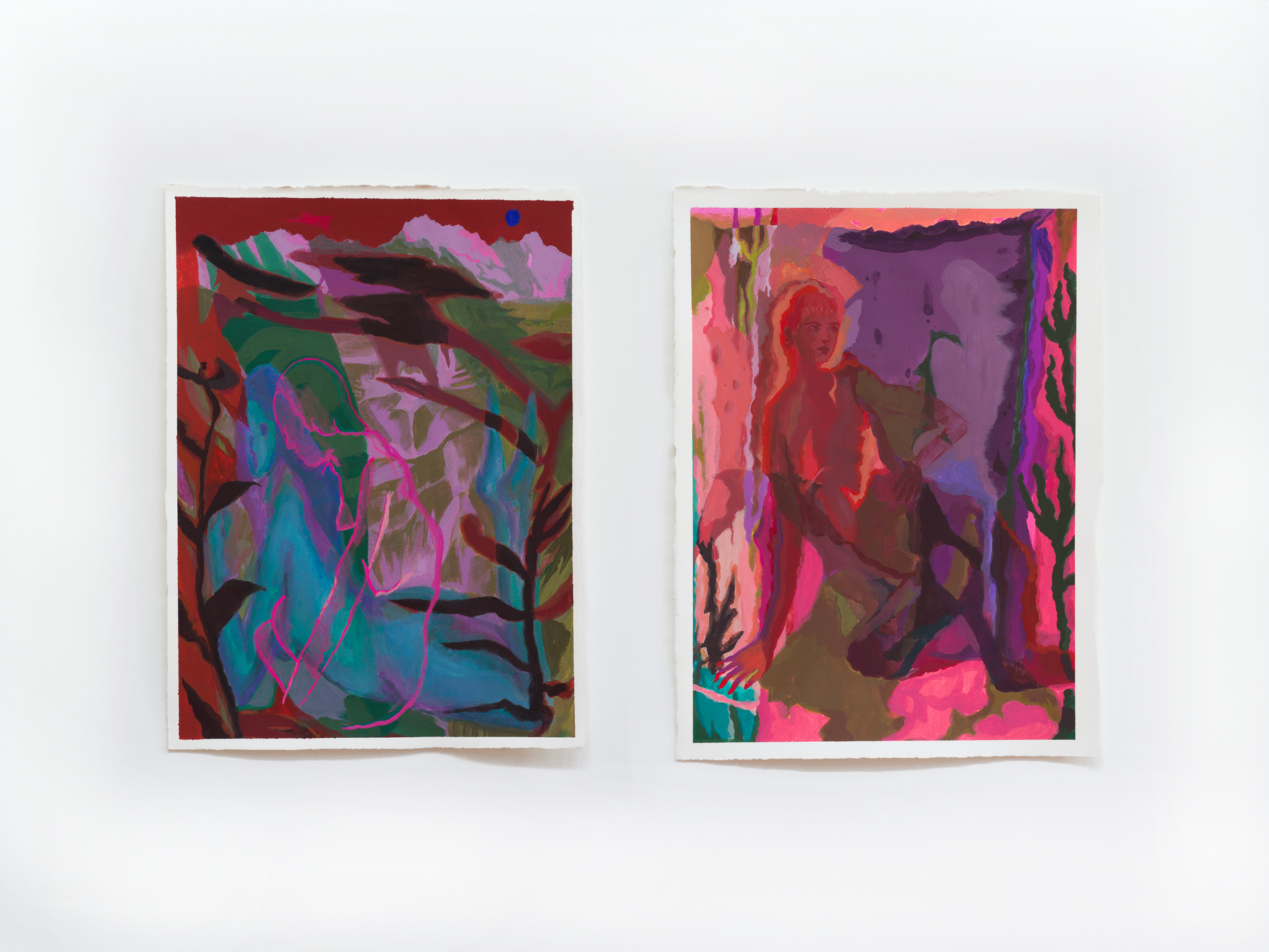 Two colorful abstract paintings displayed on a white gallery wall; by Emily Wise. 