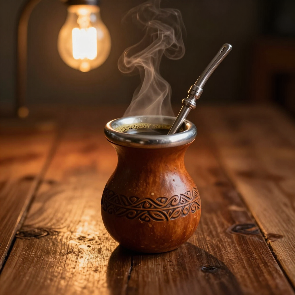 Vapor que se eleva de una pajita metálica dentro de una calabaza de mate tallada sobre una mesa de madera, con una lámpara cálida que brilla detrás.