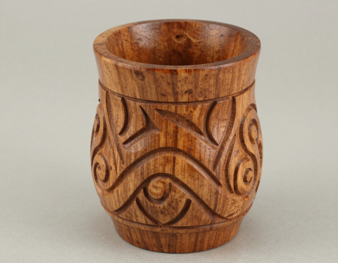 Pequeña taza de madera tallada con motivos en espiral, mostrada sobre un fondo claro liso.
