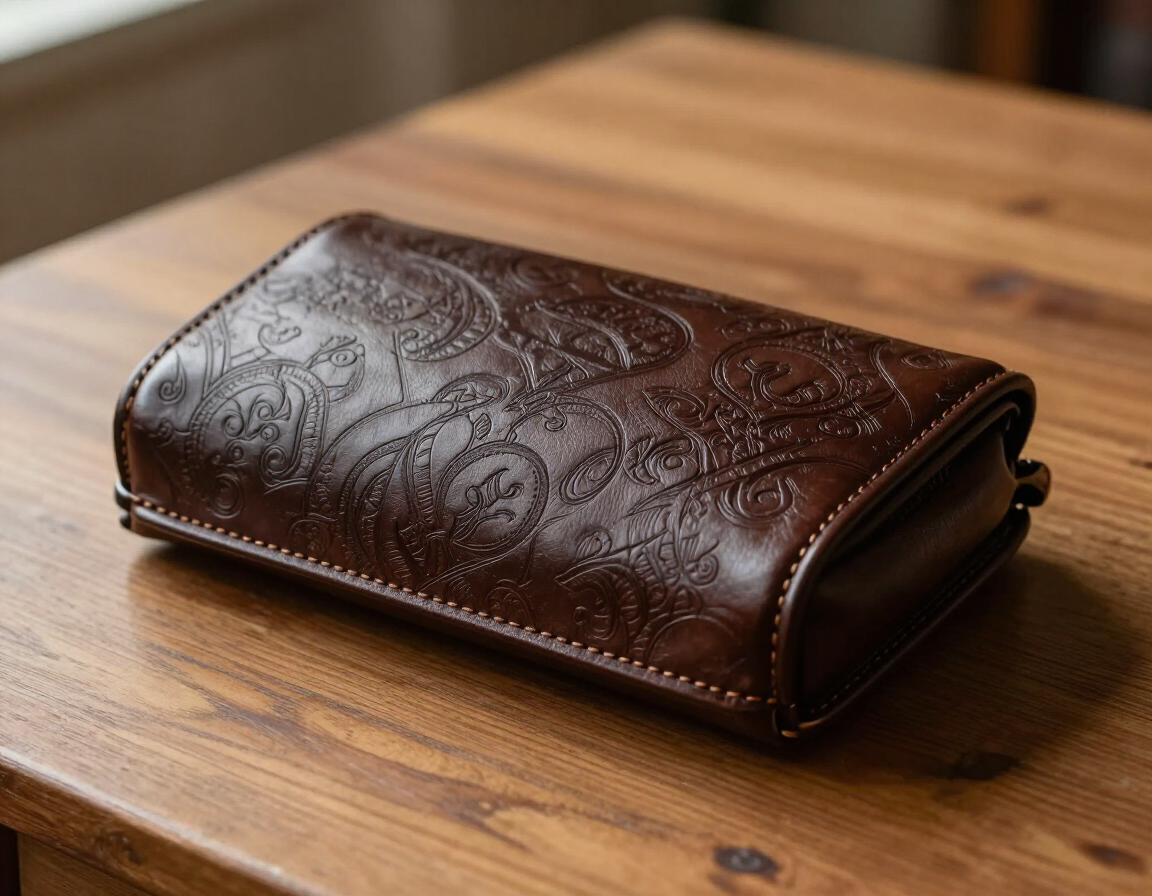 Cartera de cuero marrón repujado sobre una mesa de madera.