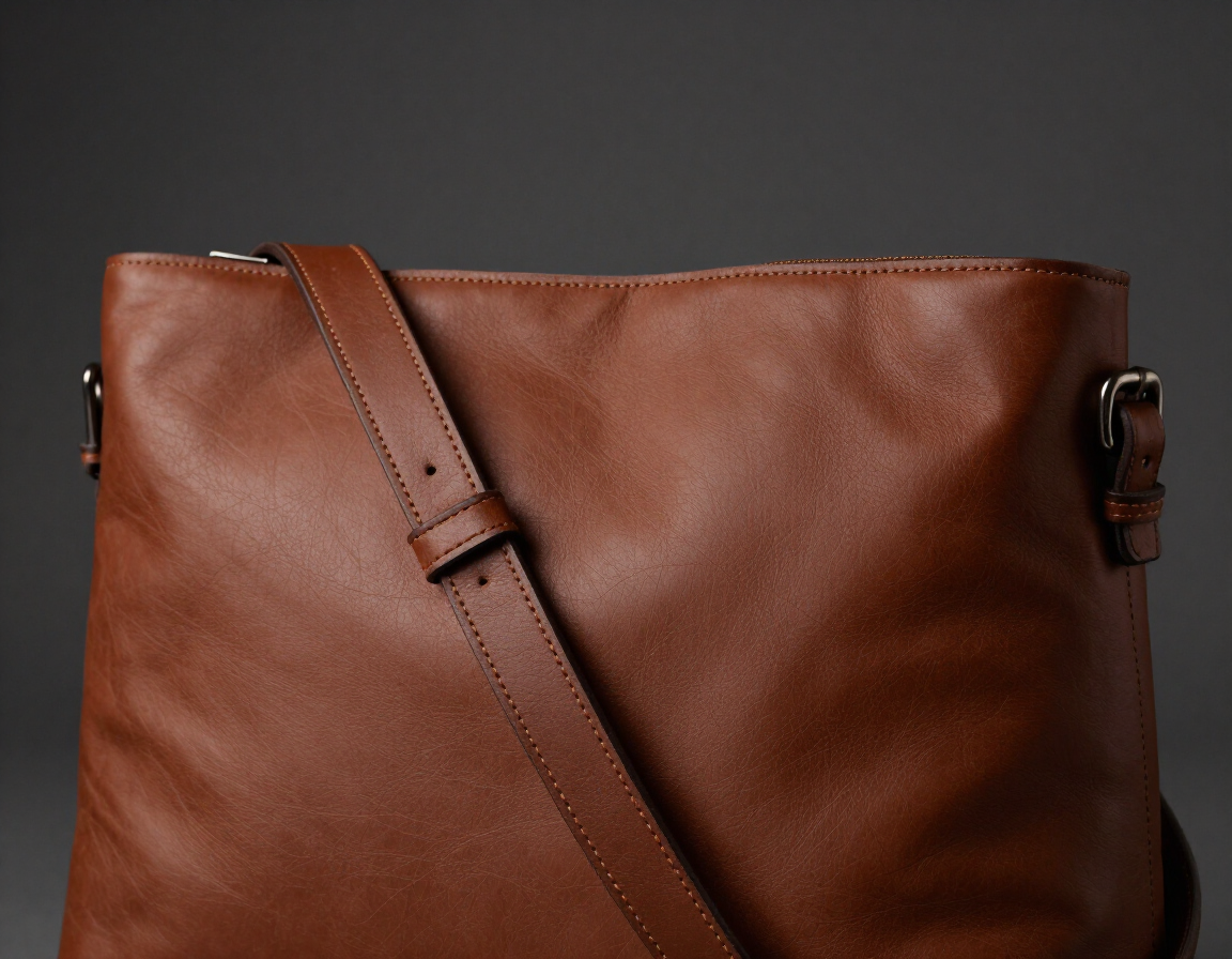 Bolso de hombro de piel marrón con correa diagonal sobre fondo oscuro.