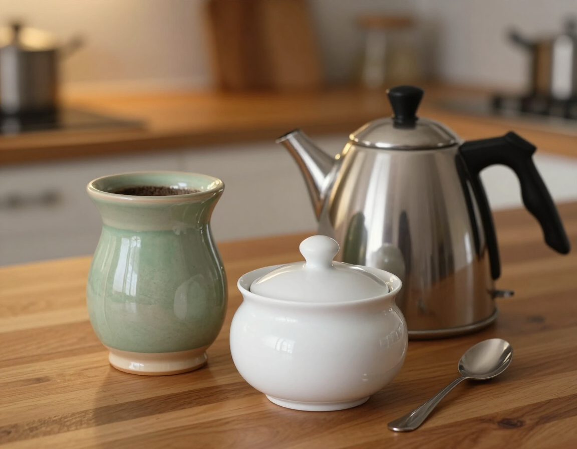 Tetera, azucarero blanco, jarrón verde y cuchara sobre una mesa de madera con un fondo de cocina borroso.