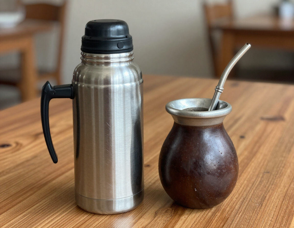 Termo de acero inoxidable y calabaza mate marrón con pajita metálica sobre una mesa de madera.