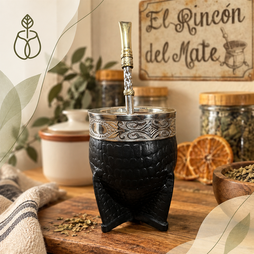 Mate tradicional con borde metálico ornamentado y bombilla sobre una mesa rústica, con hierbas y decoración al fondo.