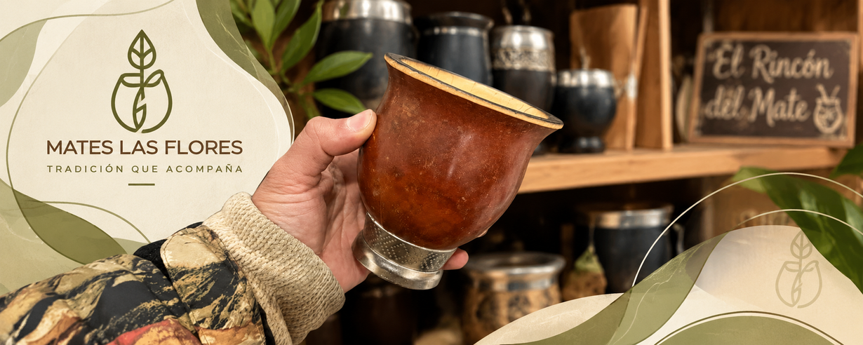 Mano sosteniendo un mate marrón con pajita en una tetería, con la marca 