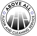 Circular "Above All Floor and Cleaning Service" logo in black, white, and gray with stylized floor graphic