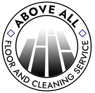 Circular "Above All Floor and Cleaning Service" logo in black, white, and gray with stylized floor graphic