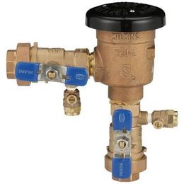 Bronze Wilkins 720-A backflow preventer with black cap, blue handle shutoff valves, and brass fittings.