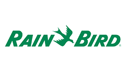 Rain Bird logo in green; bird graphic between the words.