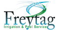 Logo for Freytag Irrigation & Pool Service: Blue-green stylized water spraying with the name "Freytag".