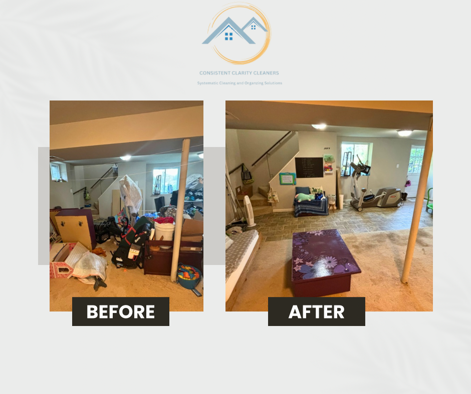 A before and after photo of a messy basement.