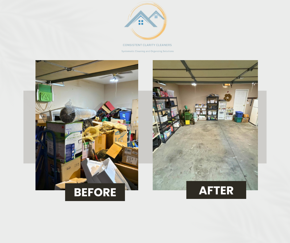 A before and after photo of a cluttered garage.