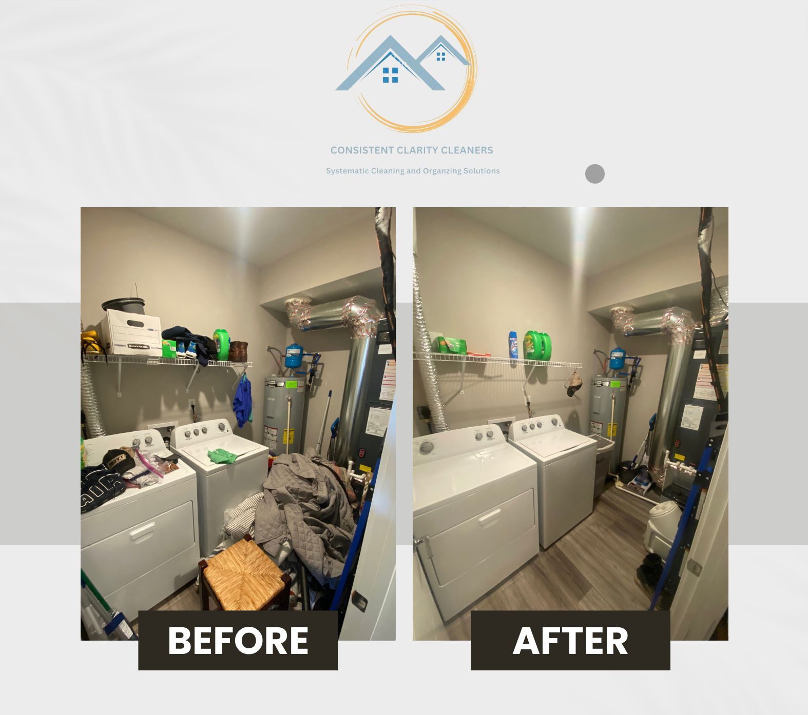 A before and after photo of a laundry room