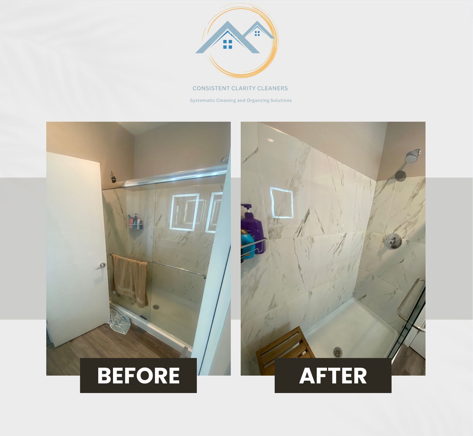 A before and after photo of a bathroom with a shower stall