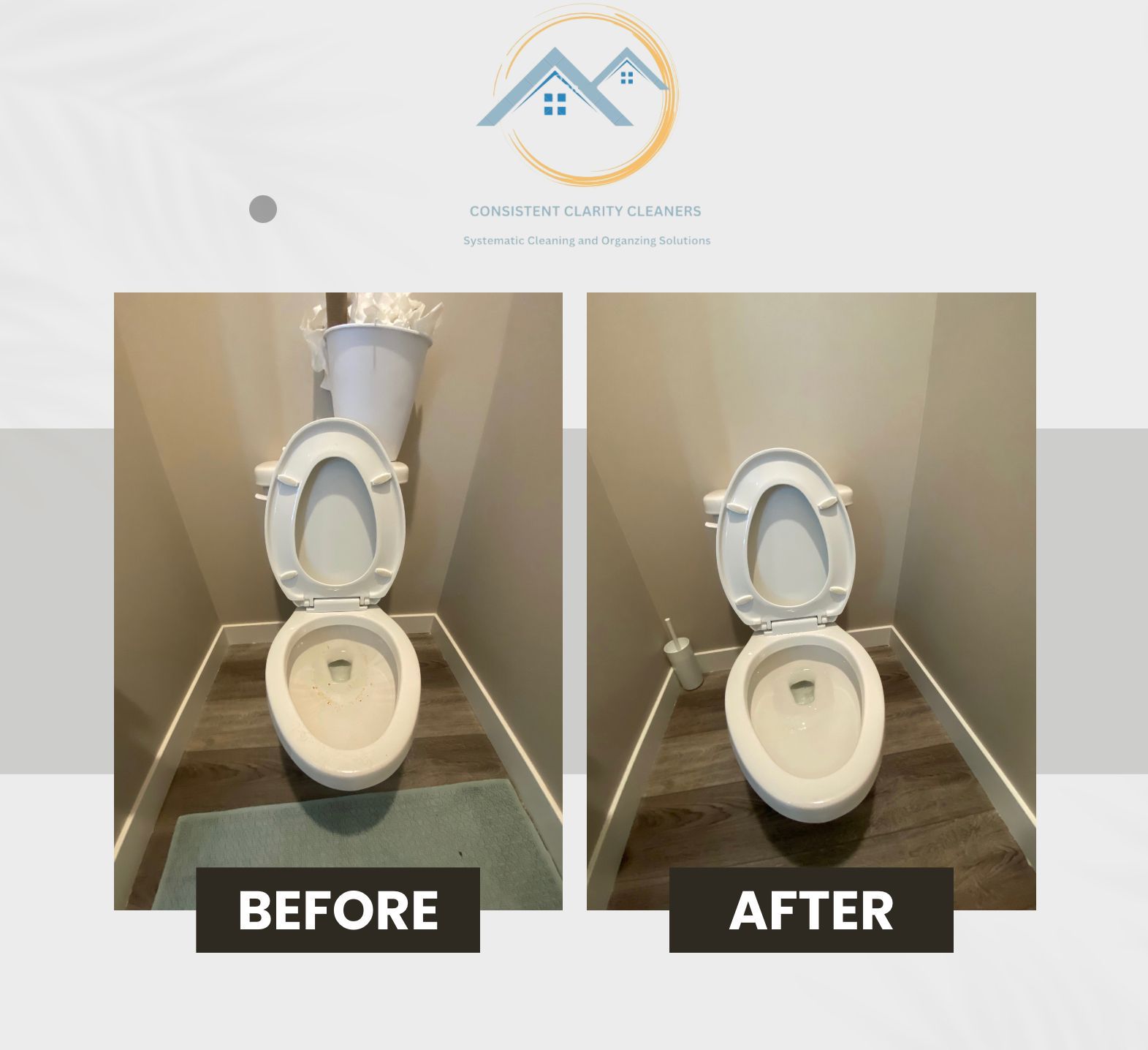 A before and after picture of a toilet in a bathroom
