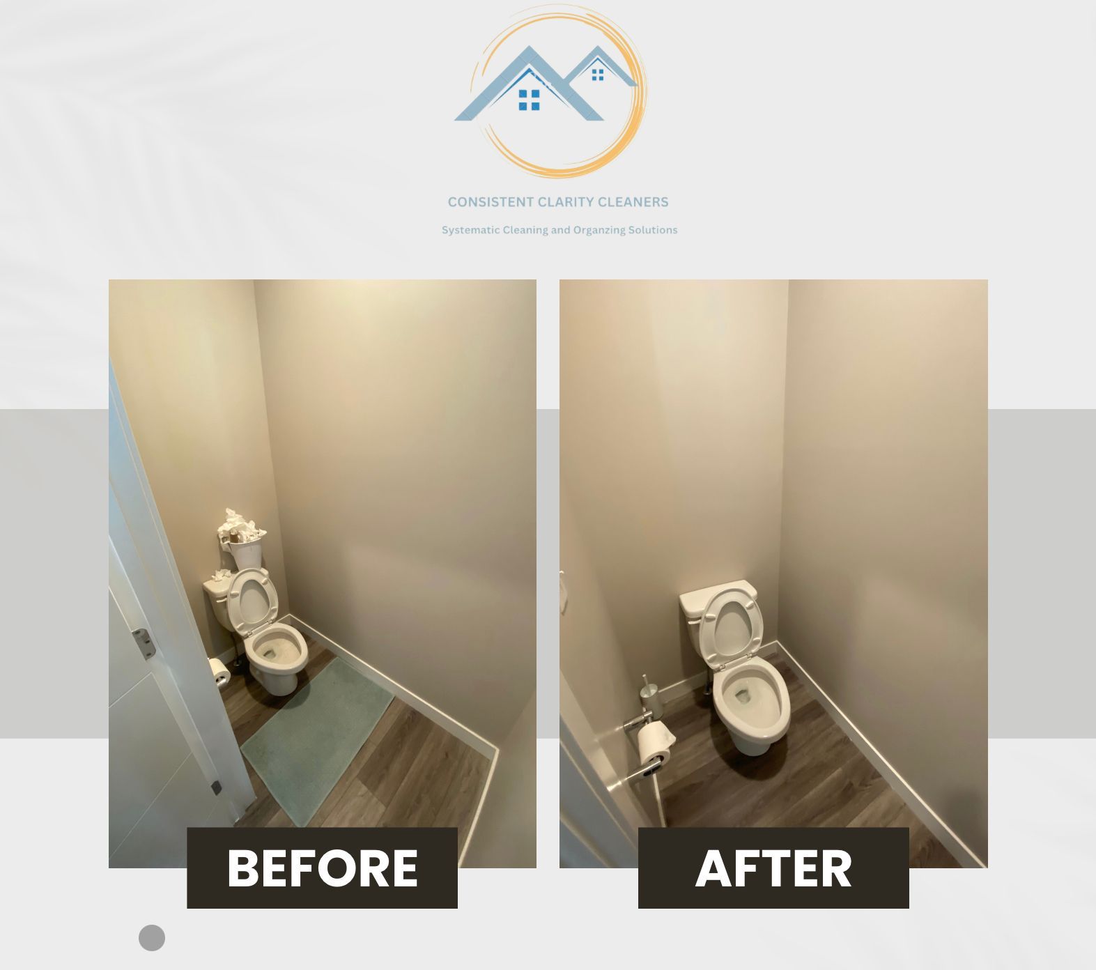 A before and after photo of a bathroom with a toilet.