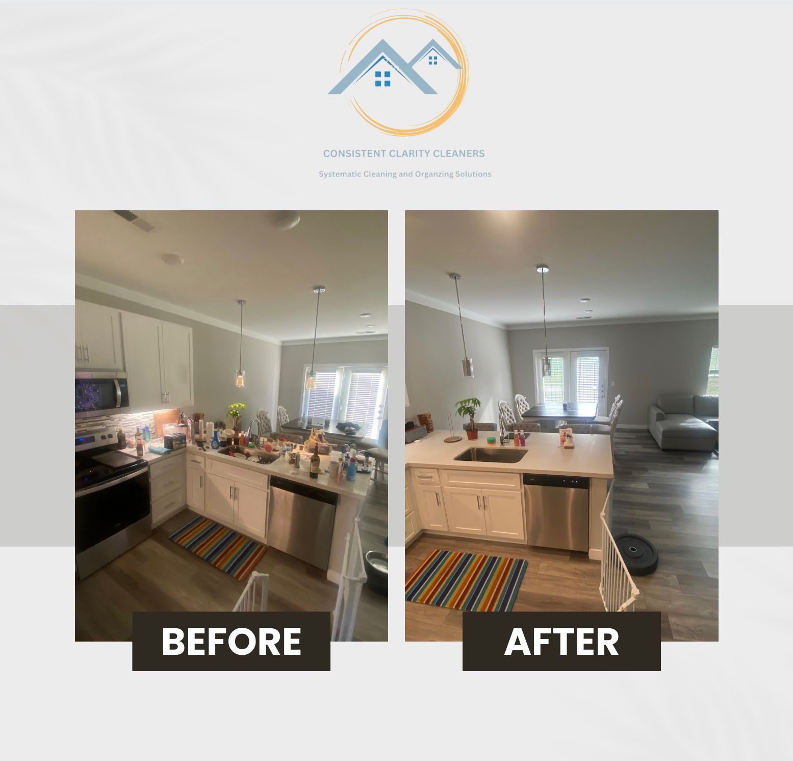 A before and after photo of a kitchen and living room.