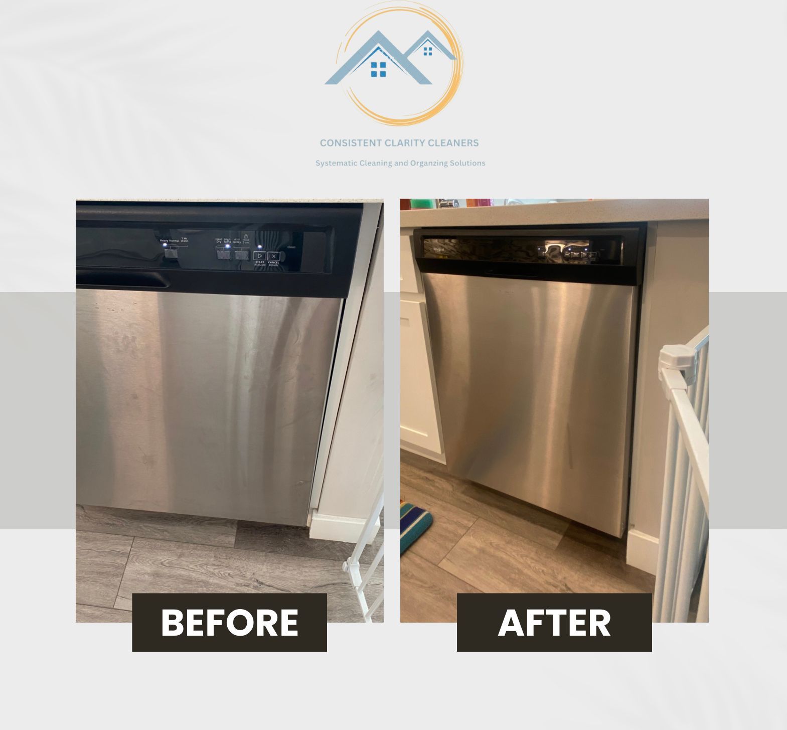 A before and after picture of a stainless steel dishwasher.