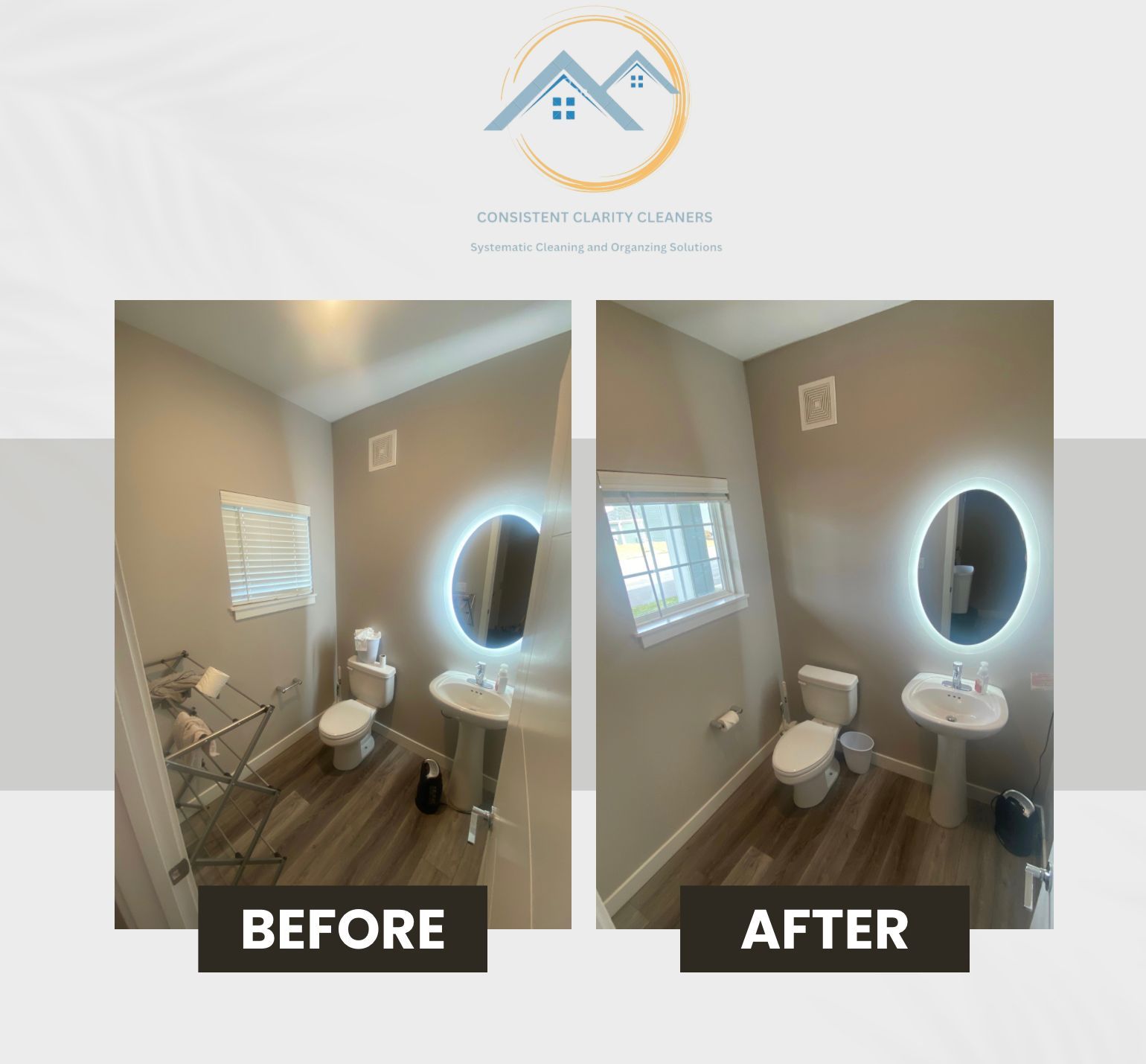 A before and after photo of a bathroom with a sink and toilet.