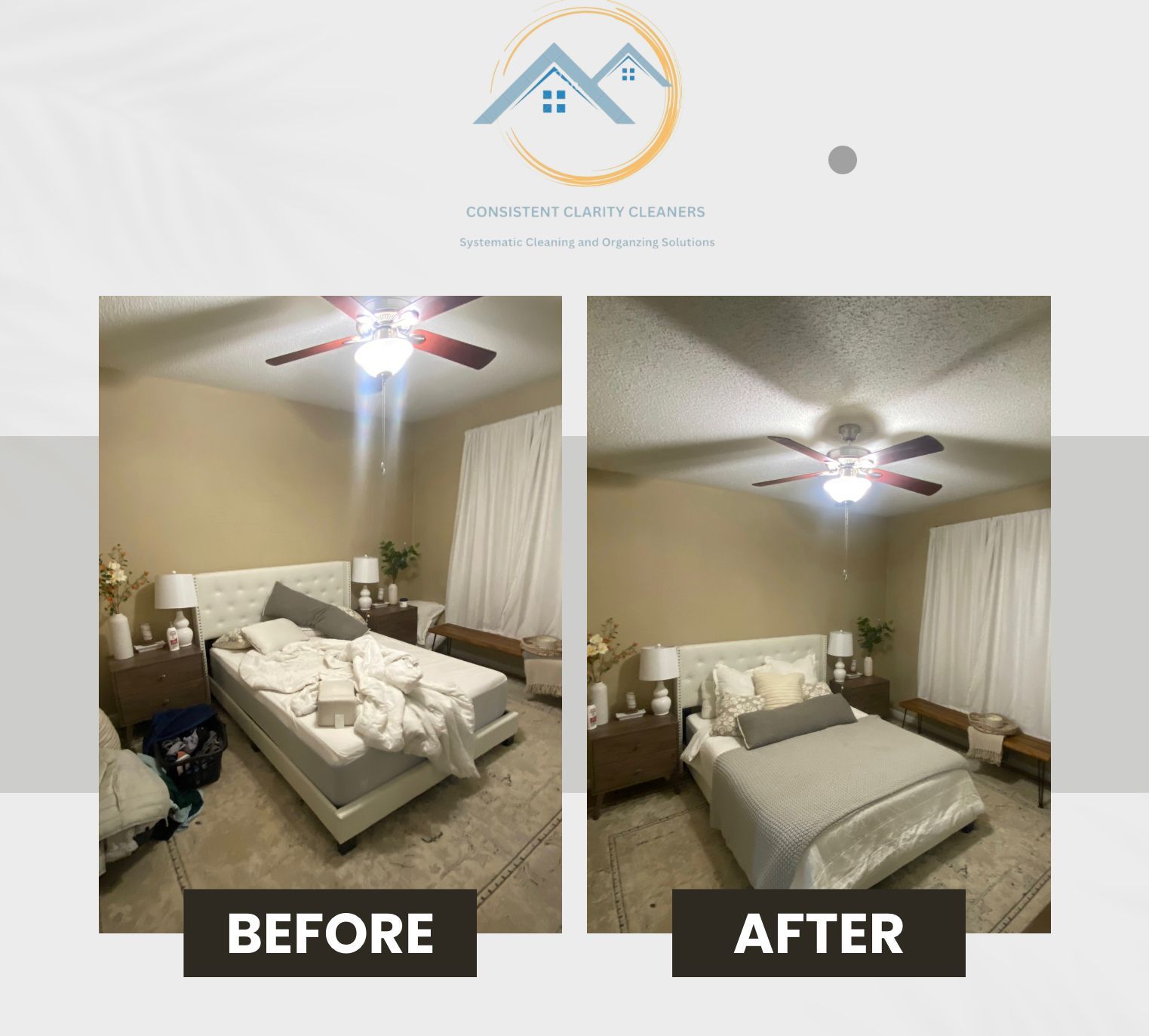 A before and after photo of a bedroom with a bed and a ceiling fan