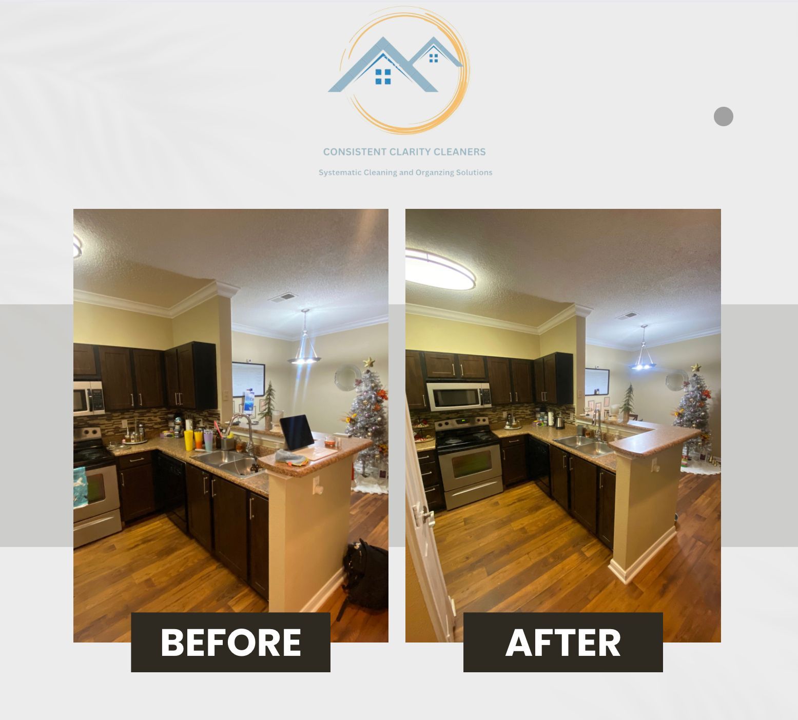 A before and after photo of a kitchen with wooden floors