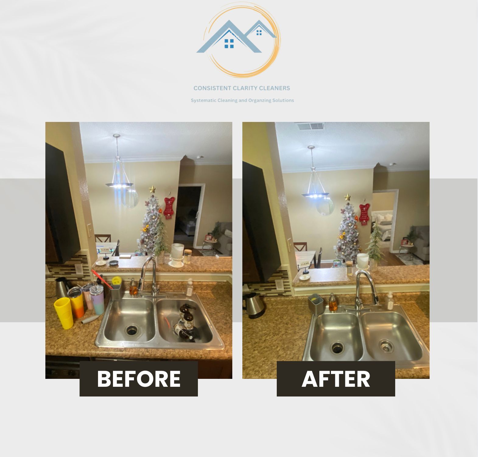 A before and after photo of a kitchen sink