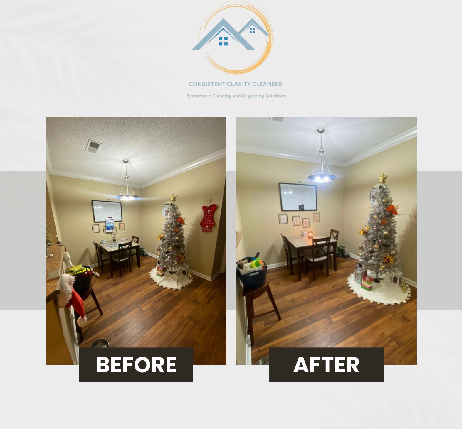 A before and after photo of a dining room with a christmas tree.
