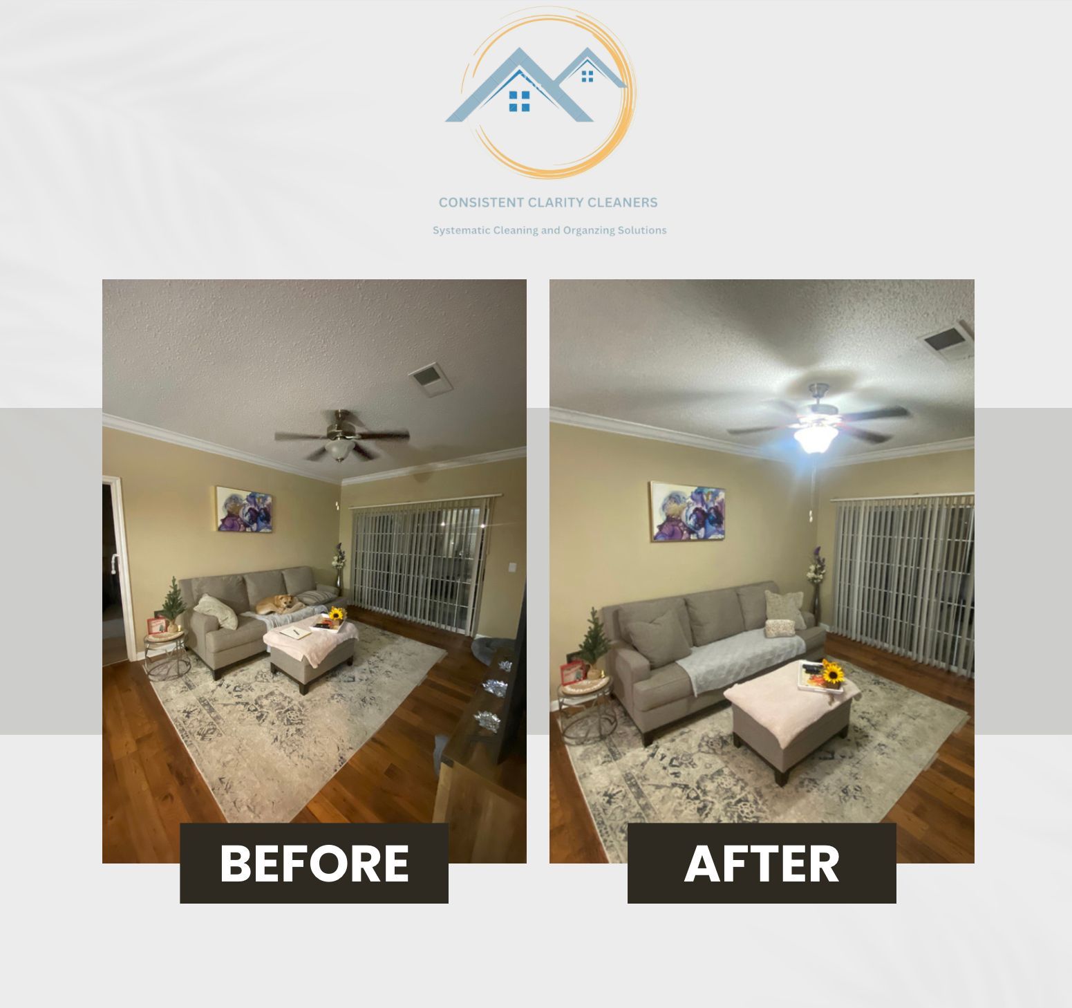 A before and after photo of a living room