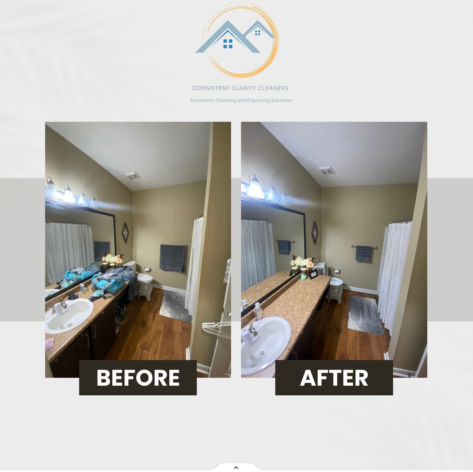 A before and after photo of a bathroom with a large mirror