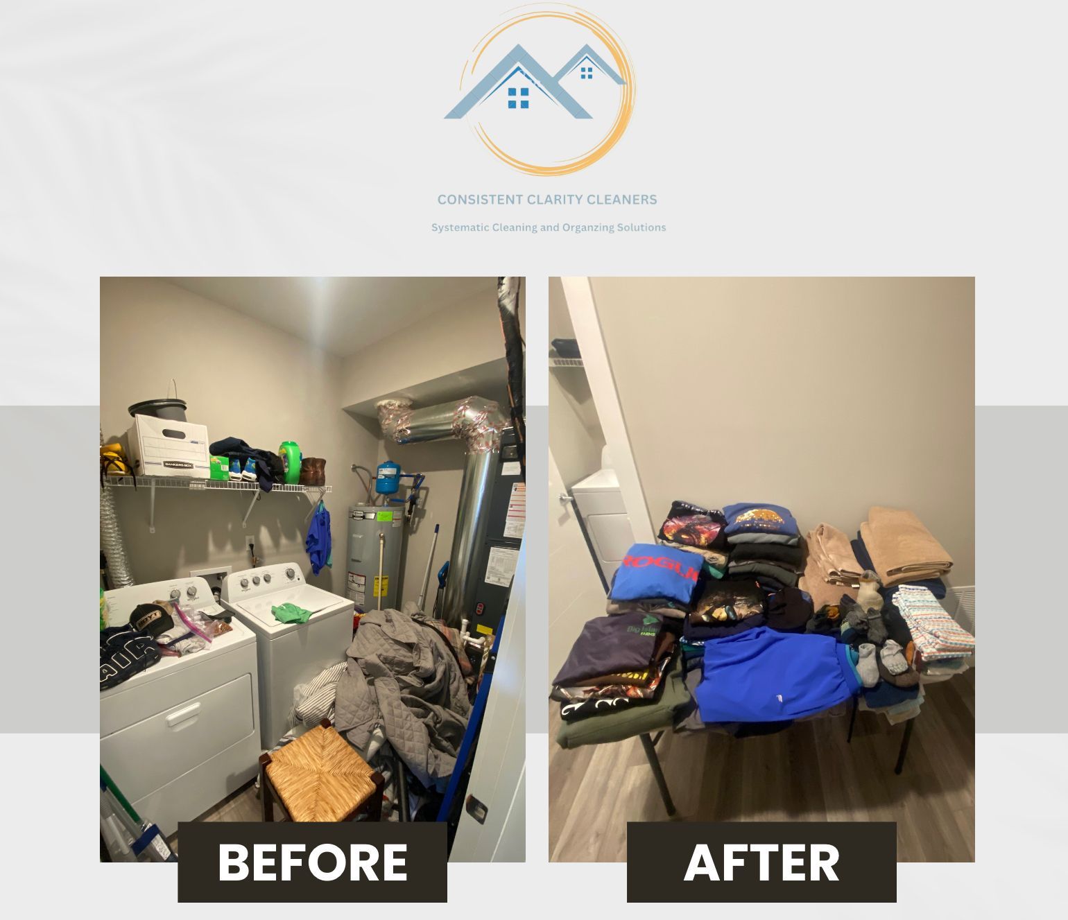 A before and after photo of a laundry room