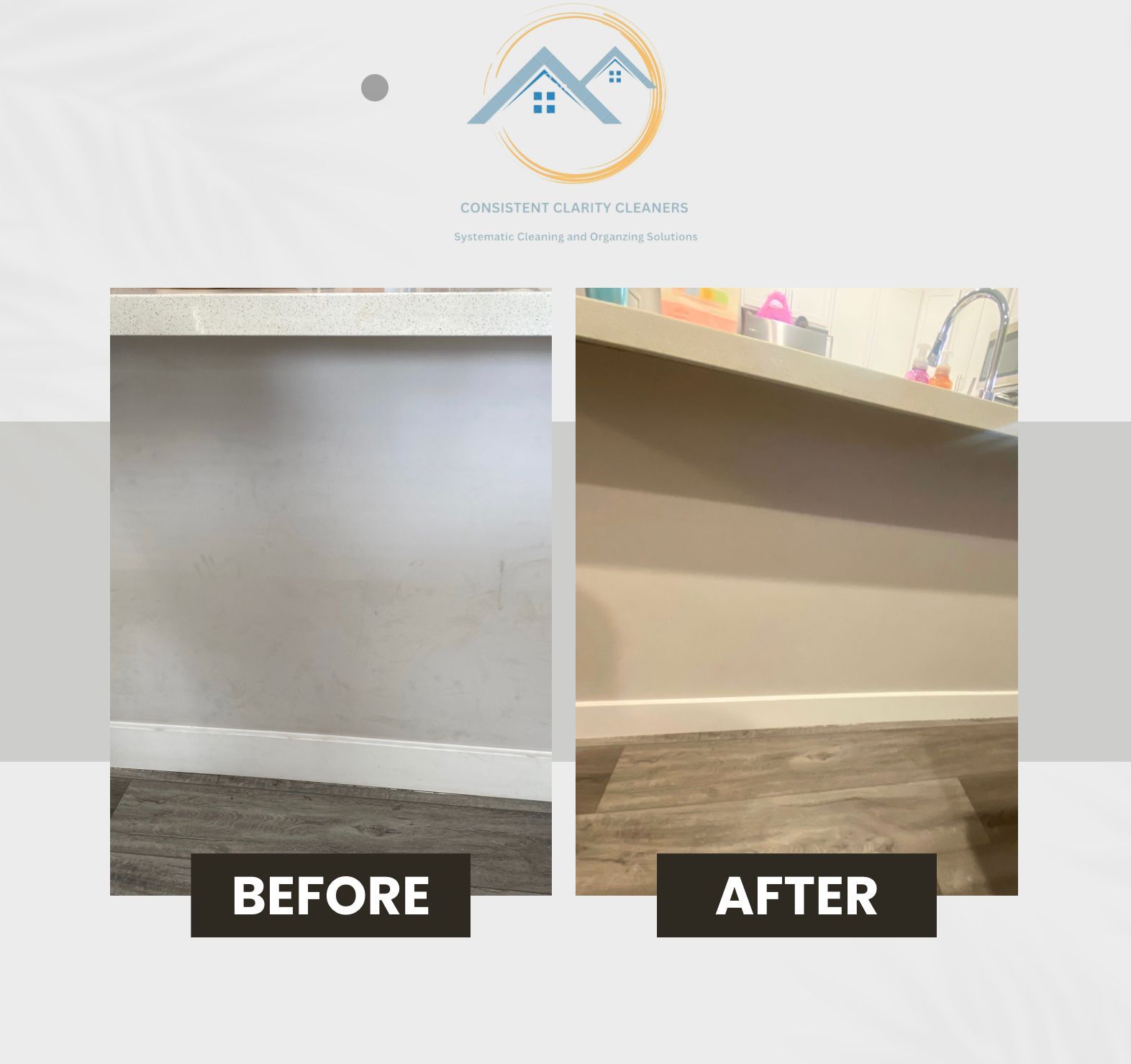 A before and after picture of a kitchen with a wooden floor.