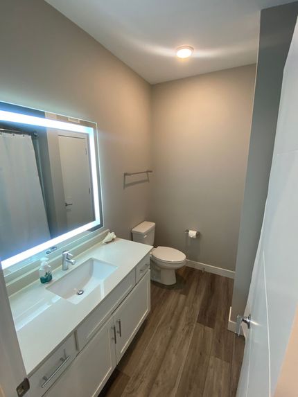 A bathroom with a sink , toilet and mirror.