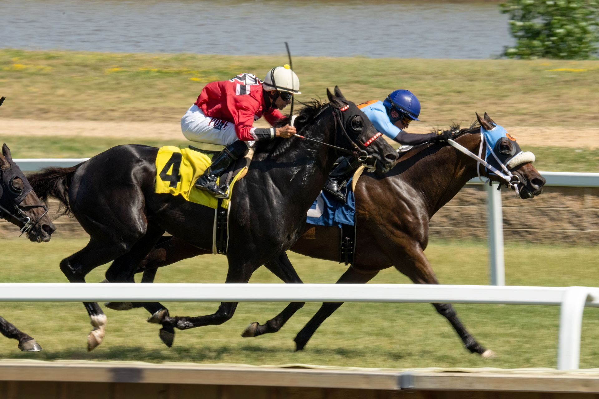 Two jockeys race neck and neck on horses, one black with a yellow 4 saddlecloth, on a track.