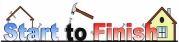 "Start to Finish" text with a hammer and nails icon, flanked by a house frame on the left and a finished house on the right.