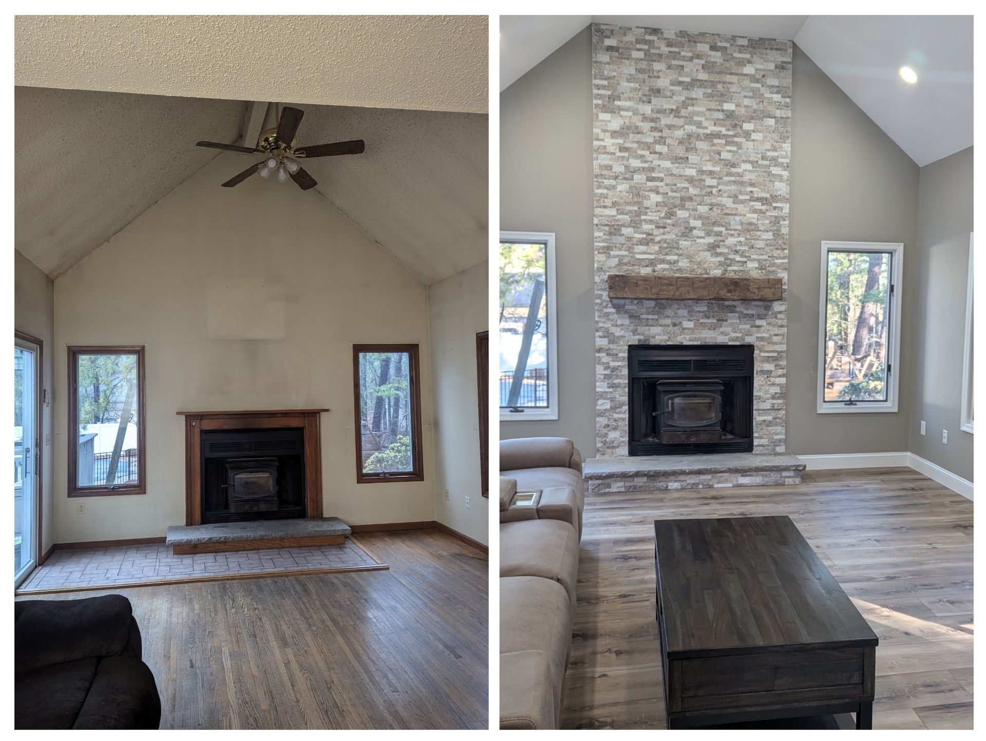 Before and after photos of a living room fireplace renovation, featuring new stone veneer and a wooden mantel.