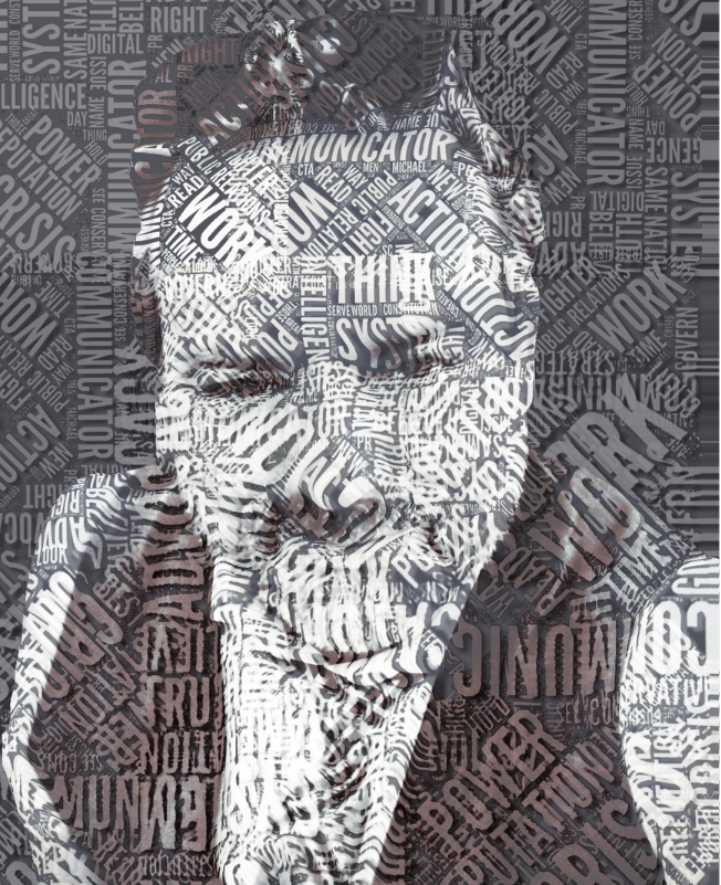 A man 's face is covered in words including the word work