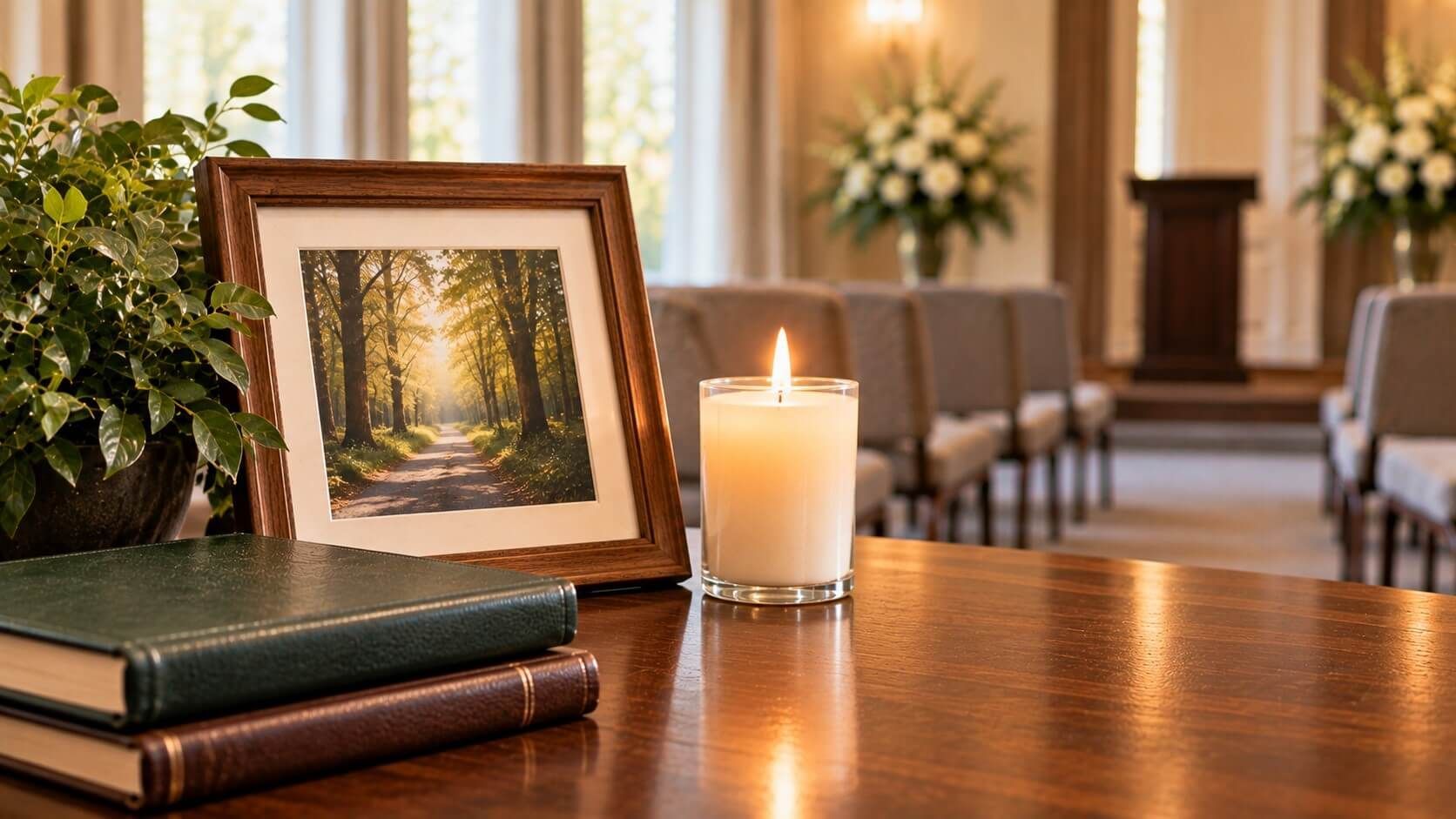 A candle and framed nature photo create a serene remembrance setting at funeral homes Taneytown, MD