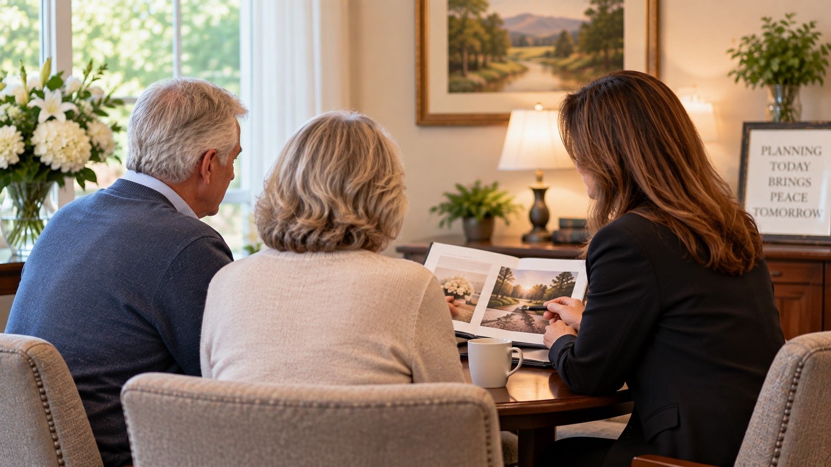 A caring advisor reviews thoughtful service plans with a couple at funeral homes Taneytown, MD