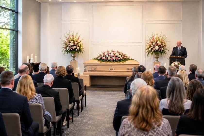 a solemn chapel funeral service before a cremation in Taneytown, MD