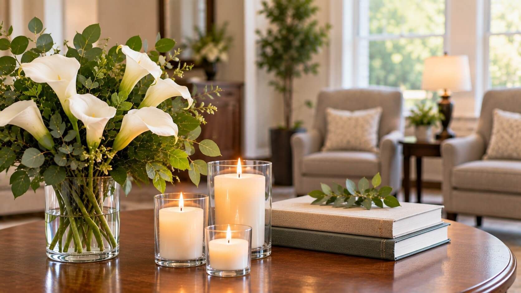 Flowers and glowing candles create a calm memorial space at funeral homes in Emmitsburg, MD
