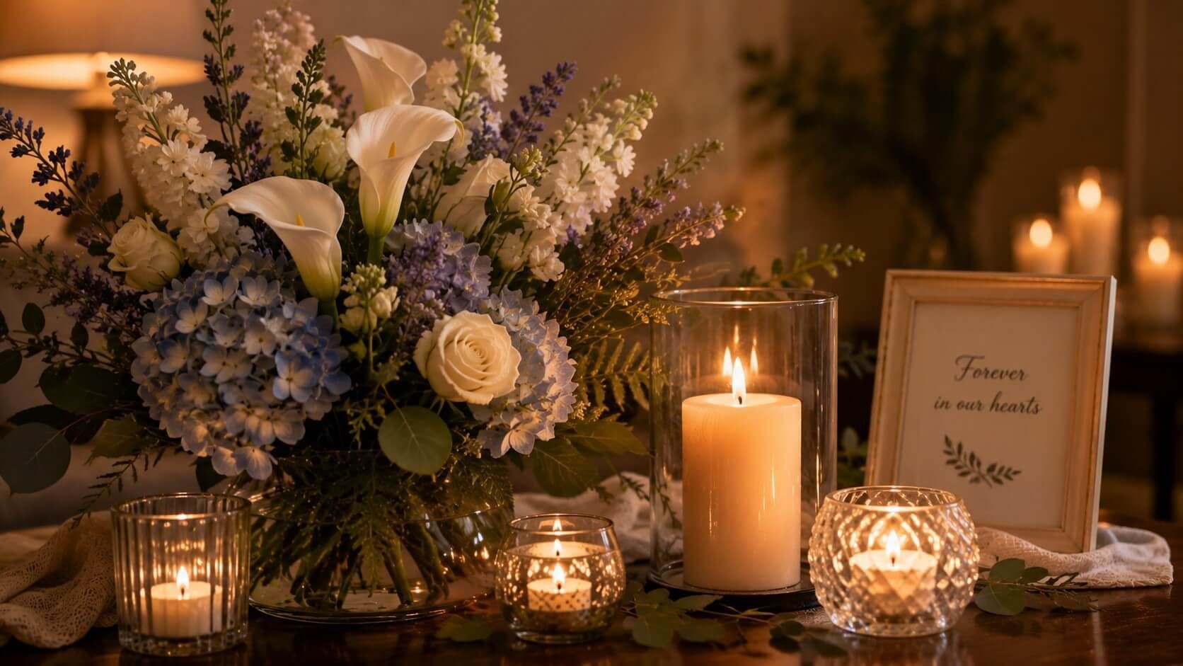 Flowers and glowing candles create a heartfelt memorial setting at funeral homes in Westminster, MD
