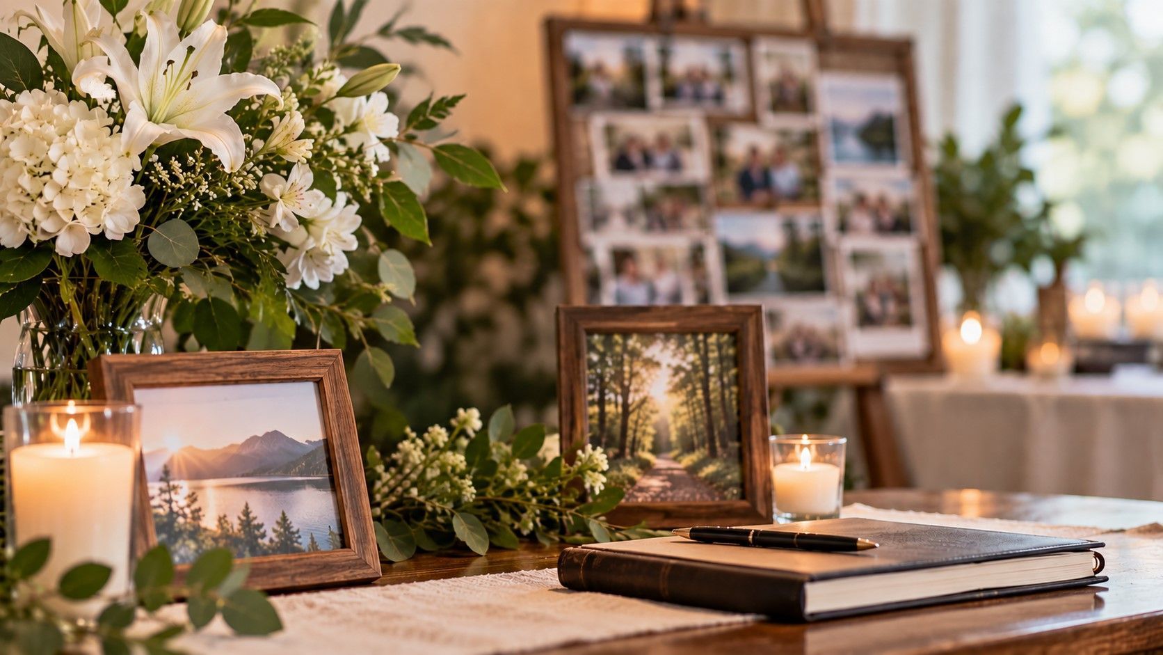 White flowers, candles, and framed photos offer comfort for cremation services Westminster, MD