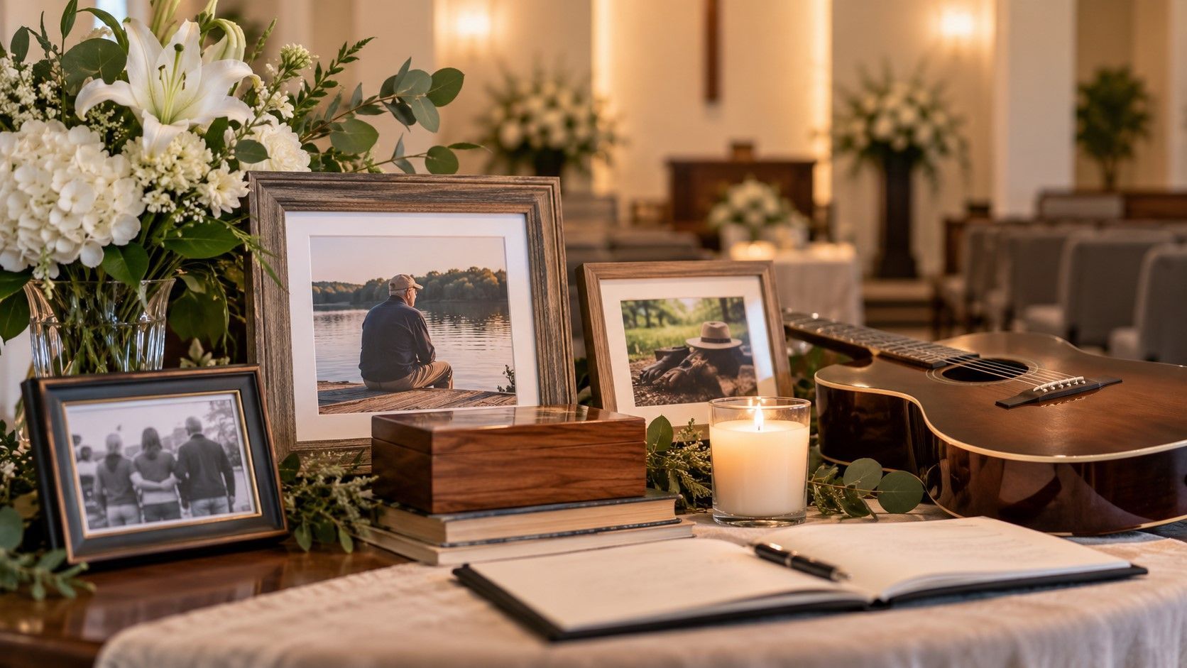Framed photos, flowers, a candle, and guitar reflect memories at funeral homes Westminster, MD