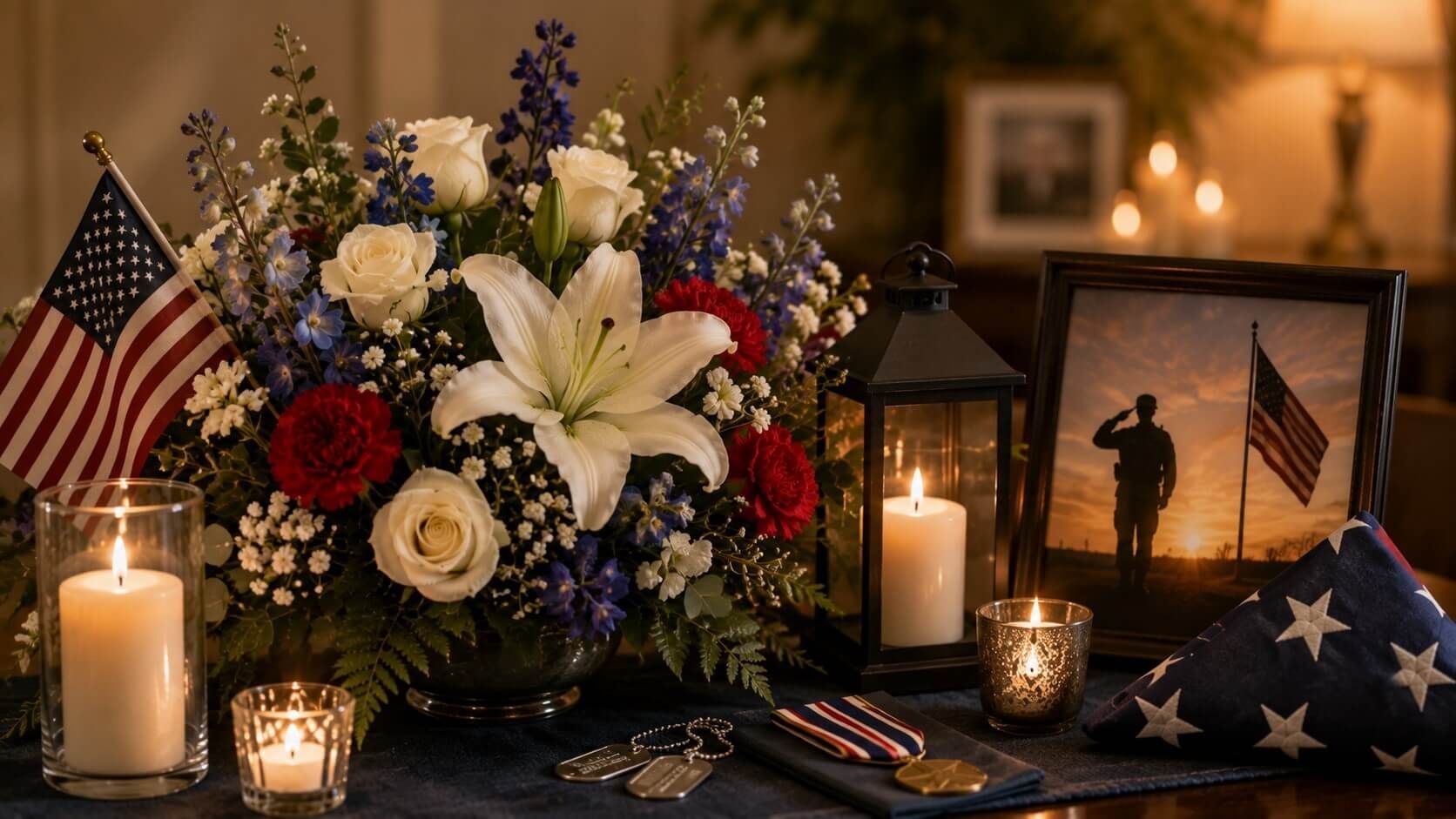 Patriotic flowers, candles, and military keepsakes create a dignified tribute in Westminster, MD